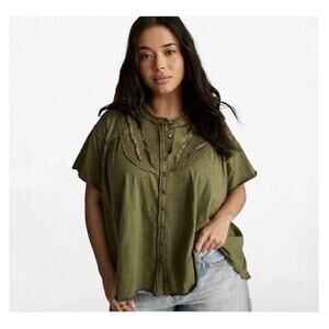 TORRID FESTI Button Up Jersey Knit Short Sleeve Cropped Casual Top Tee XL Olive